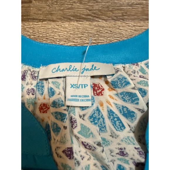 Charlie Jade Mini Dress XS Blue Geometric Mosaic 100% Silk Shift Boho Beach - Picture 5 of 9